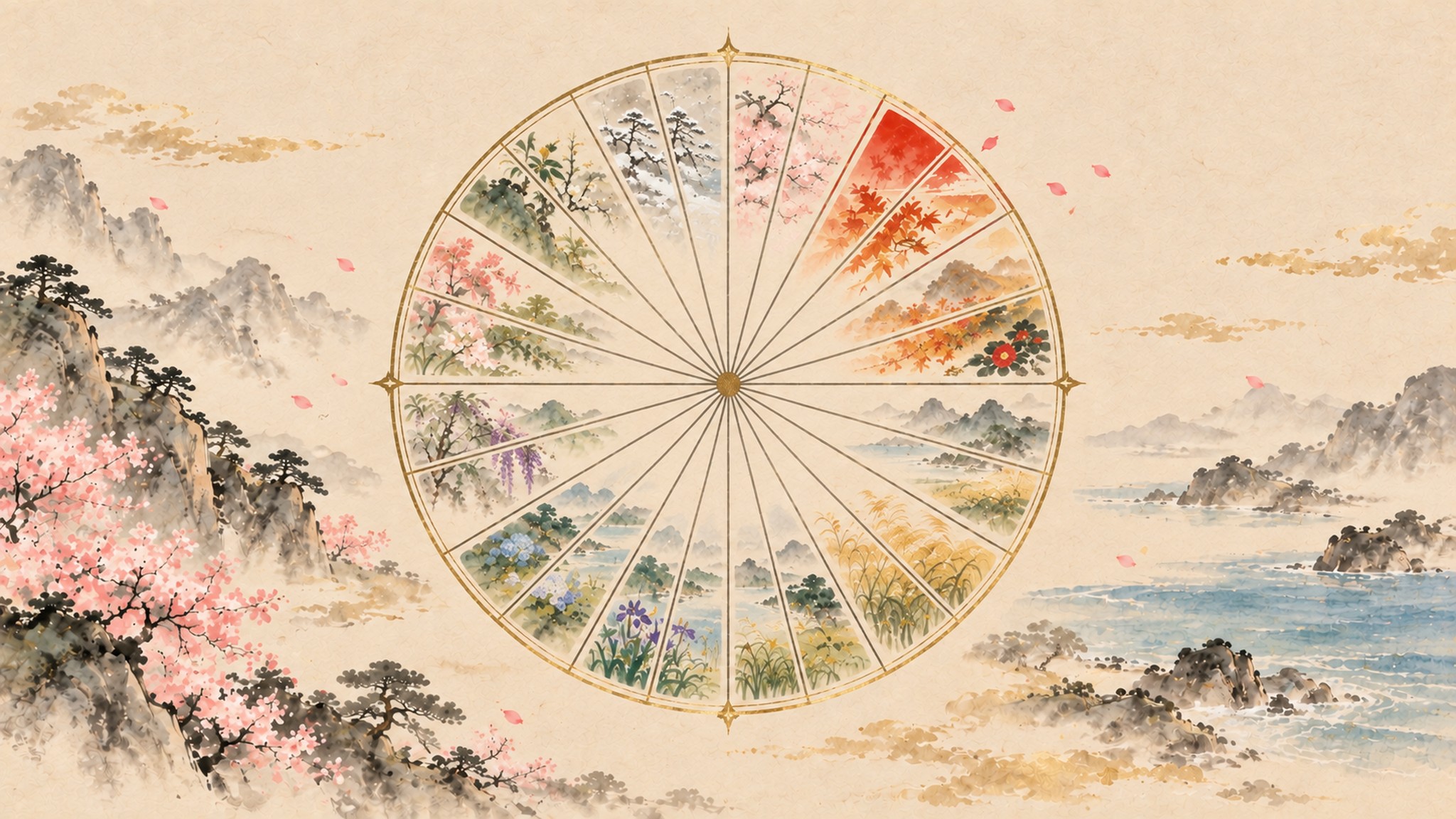 二十四に区切られた円環。今の月の位置にだけ桜の花びらと朱赤の印。人物なし